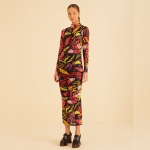 NWT Farm Rio Black Psychedelic Garden Tulle Midi Dress L